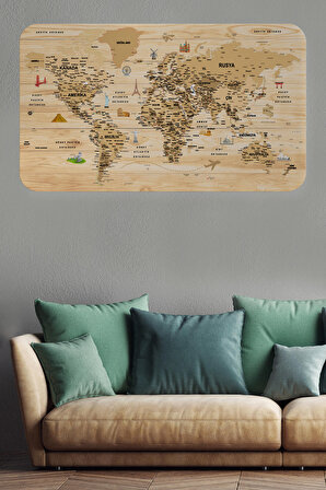 Harita Sepeti Ahşap Görünümlü Türkçe Eğitici Detaylı Atlası Dekoratif Dünya Haritası Duvar Sticker  3843