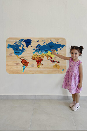 Harita Sepeti Ahşap Görünümlü Eğitici Detaylı Atlası Dekoratif Dünya Haritası Duvar Sticker 3856