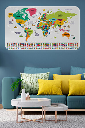 Harita Sepeti Türkçe Ülke Bayrak lı Eğitici Başkent Detaylı Atlası Dünya Haritası Duvar Sticker 3860
