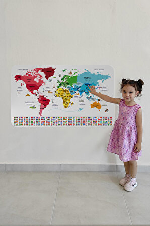 Harita Sepeti Türkçe Ülke Bayrak lı Eğitici Başkent Detaylı Atlası Dünya Haritası Duvar Sticker 3861