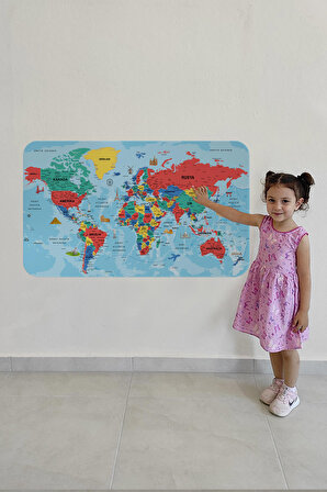 Harita Sepeti Türkçe Eğitici Ülke ve Başkent Okyanus Detaylı Atlası Dekoratif Dünya Haritası Duvar Sticker 3863