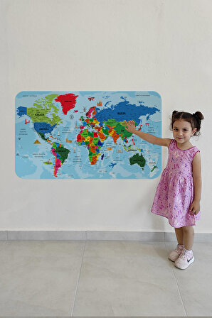 Harita Sepeti Türkçe Eğitici Ülke ve Başkent Okyanus Detaylı Atlası Dekoratif Dünya Haritası Duvar Sticker 3866