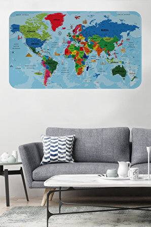 Harita Sepeti Türkçe Eğitici Ülke ve Başkent Okyanus Detaylı Atlası Dekoratif Dünya Haritası Duvar Sticker 3866
