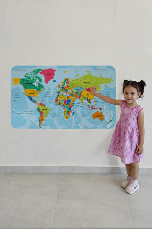 Harita Sepeti Türkçe Eğitici Ülke ve Başkent Okyanus Detaylı Atlası Dekoratif Dünya Haritası Duvar Sticker 3870