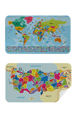 Harita Sepeti Türkçe Dünya ve Türkiye Haritası Eğitici Ülke Bayraklı Çocuk Odası Genç Odası Duvar Sticker 3882B