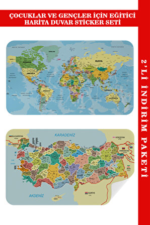 Harita Sepeti Eğitici Öğretici Dünya ve Türkiye Haritası Çocuk Odası Duvar Sticker 3888