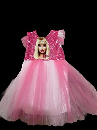ışıltılı barbie desenli tüllü elbise