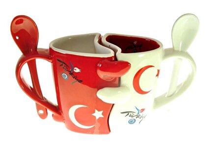 2 Lİ Sarılan Küçük Türk Bayraklı Bardak Kupa Dekoratif Hediyelik Seramik