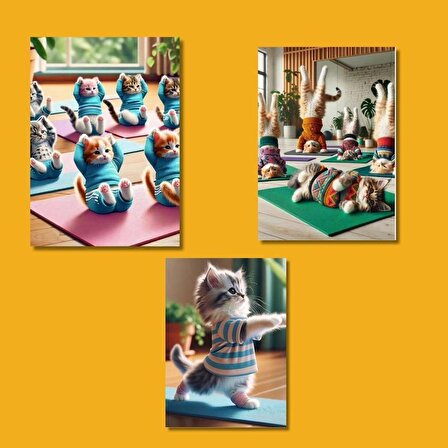 Yoga Yapan Kediler Üçlü Mdf Duvar Posteri 20 x 28 cm