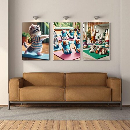 Yoga Yapan Kediler Üçlü Mdf Duvar Posteri 20 x 28 cm
