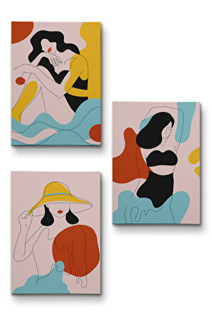 3’lü Tablo Renkli Zarif Kadınlar Çizgi Sanat Tarzında Dekoratif Kanvas Tablo Seti
