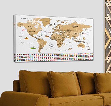 Dünya Haritası Ülke Bayraklı ve Başkentli Kanvas Tablo 1955