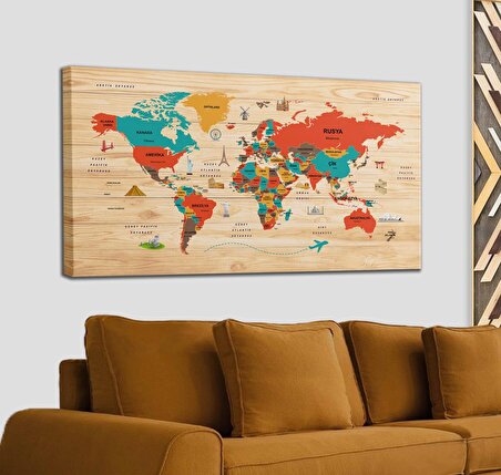 Ahşap Görünümlü Türkçe Dünya Haritası Dekoratif Kanvas Tablo 2070