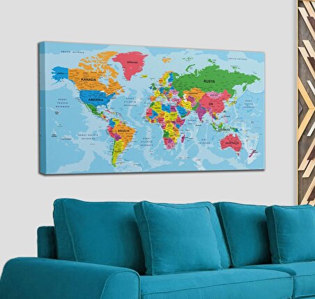 Dünya Haritası Türkçe Kanvas Tablo Ayrıntılı Dekoratif-Okyanuslu 2130