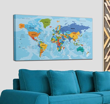 Dünya Haritası Türkçe Kanvas Tablo Ayrıntılı Dekoratif-Okyanuslu 2188
