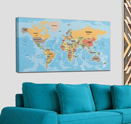 Dünya Haritası Ülke Başkentli Okyanuslu ve Dekoratif Kanvas Tablo 2229