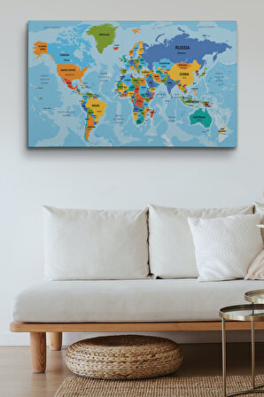Dünya Haritası Ülke Başkentli Okyanuslu ve Dekoratif Kanvas Tablo 2261