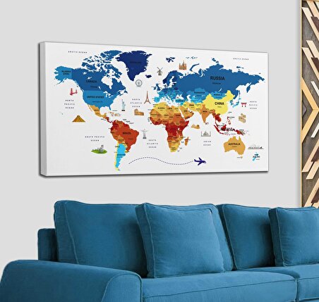  Dünya Haritası Dekoratif Kanvas Tablo Ülke ve Başkentli Öğretici ve Sembollü 2267