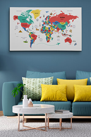 Dünya Haritası Dekoratif Kanvas Tablo Ülke ve Başkentli Öğretici ve Sembollü 2315