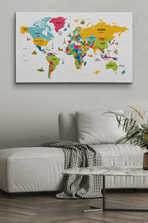  Dünya Haritası Dekoratif Kanvas Tablo Ülke ve Başkentli Öğretici ve Sembollü 2317