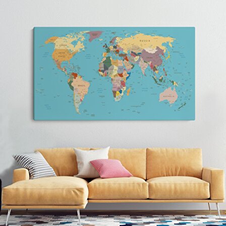 Dekoratif Kanvas Tablo Dünya Haritası Mavi Zemin 1032 ( TEK PARÇA )