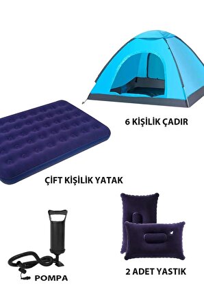 Kamp Çadırı Seti - 6 Kişilik Çadır Şişme Yatak Pompa 2 Yastık