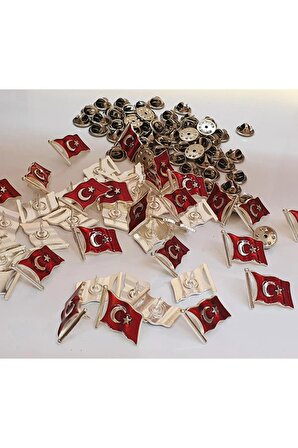 Ay Yıldız Türk Bayrağı Yaka Rozeti Altın Kaplama Zeminli Dalgalı Bayrak Rozet Gümüş