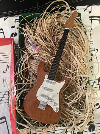  Elektro Gitar Ahşap El Yapımı Biblo Minyatür 25 cm