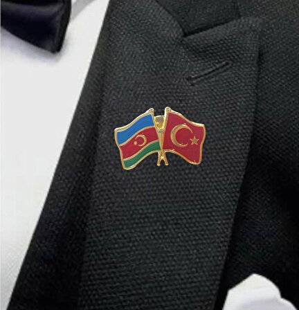 Azerbaycan Türk bayrağı Kardeşlik İğneli Yaka Rozeti Gold
