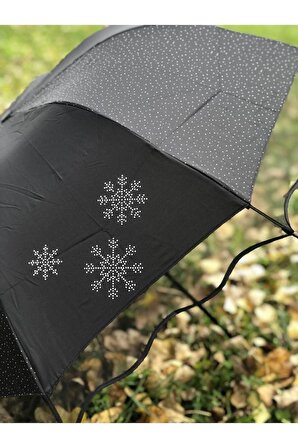 Rüzgarda Kırılmayan Kar Tanesi Desenli Puantiye Detaylı Siyah Kadın Şemsiye