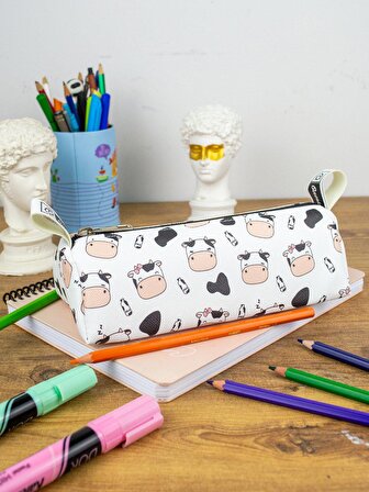 Kalem Kutusu Sevimli İnekler Üçgen Tasarım Vegan Deri (Kalemlik ve Makyaj Çantası)