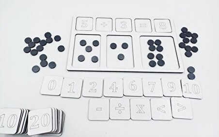 Montessori Ahşap Matematik İşlem Seti, 4 İşlem Uygulama Tahtası, 39 parça ve 40 Siyah Ahşap Pul ile