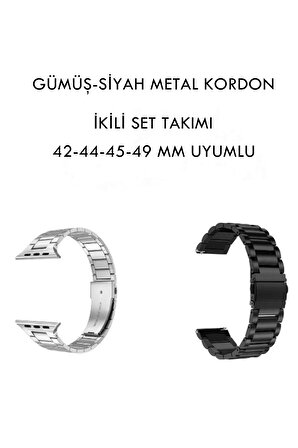 Akıllı Saat Metal Çelik Kordon 2 Adet Siyah-Gümüş Tek Paket 42/44/45/49MM Watch Uyumlu Kordon