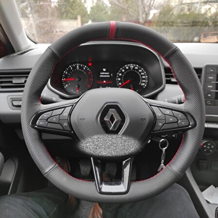 Renault Clio 5  Direksiyon Kılıfı Simit Kısmına Dikilir (Nubuk Noktalı Kırmızı Yüzüklü)