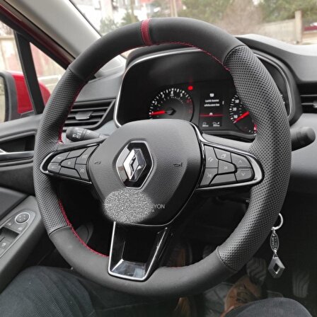 Renault Clio 5  Direksiyon Kılıfı Simit Kısmına Dikilir (Nubuk Noktalı Kırmızı Yüzüklü)