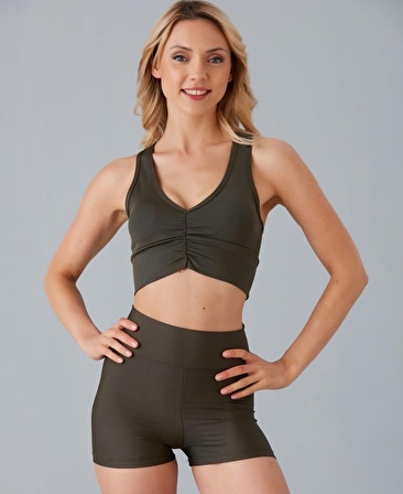 Aurafit Kadın Önü Büzgülü Arkası Çapraz Kaplı Croptop/Büstiyer