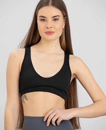 Aurafit Fitilli Derin U Yaka Kalın İp Askılı Arkası Çapraz Büstiyer/Croptop - 9044