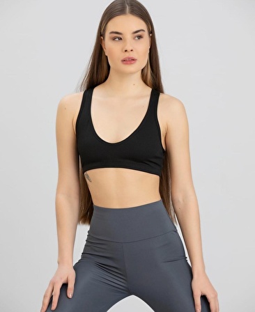 Aurafit Fitilli Derin U Yaka Kalın İp Askılı Arkası Çapraz Büstiyer/Croptop - 9044