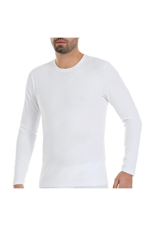 Likralı Pamuklu Uzun Kol Beyaz Erkek T-shirt