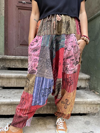 Unisex Nepal Patchwork Pantolon, Salaş Pantolon, Rahat Pantolon, Renkli Şalvar