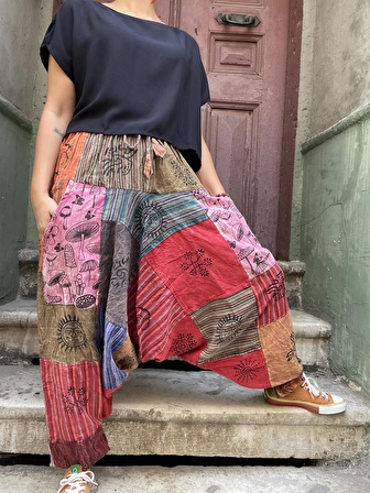 Unisex Nepal Patchwork Pantolon, Salaş Pantolon, Rahat Pantolon, Renkli Şalvar