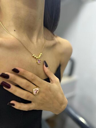 Kadın Çelik Üzeri Gold Kaplama Sevgililer Günü Zirkon Taşlı Pembe Kalp Kolye Yüzük Seti