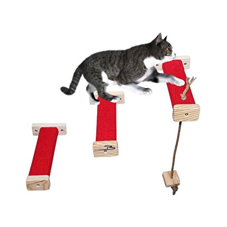 Barış Dizayn Tırmalamalı kedi basamağı kedi köprüsü duvar yürüyüş yolu kedi oyunu püsküllü parkur Kırmızı (3 adet)