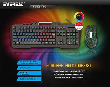 Everest KMX-99 Gökkuşağı Zemin Aydınlatmalı Oyuncu Klavye + Mouse