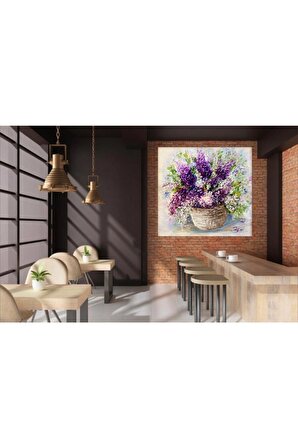 Yağlı Boya Görünümlü Sepette Çiçekler Kanvas Kanvas Canvas Tablo