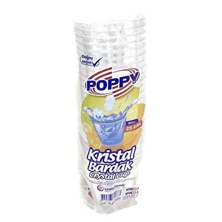 Poppy Şeffaf Plastik Kristal Bardak - 180 Cc. - 180 Ml. - 25 Adetlik 10 Paket