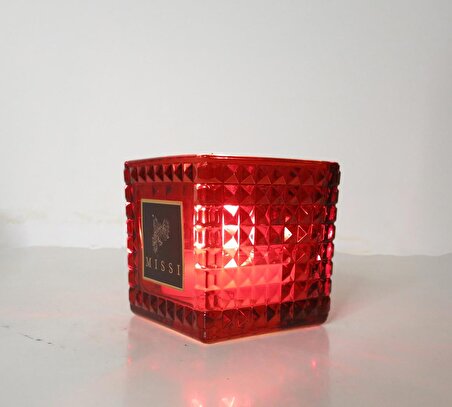Yılbaşı Kırmızı Kristal Kare Cam Mumluk ve Tealight Seti (8x8 cm)