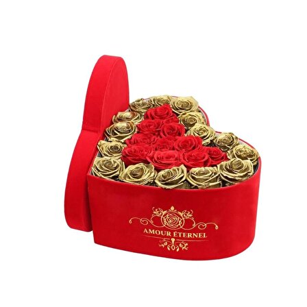 Kırmızı Kadife Kalp Kutuda Kırmızı&Altın Solmayan Güller
