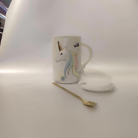 unicorn seramik kapaklı ve kaşıklı kupa