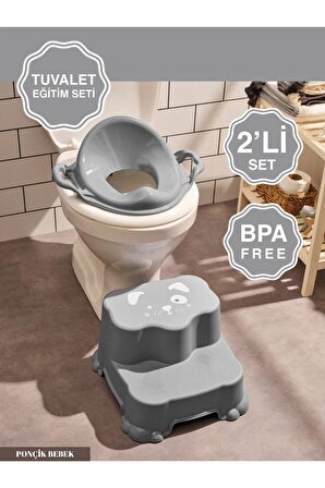Kaydırmaz Çift Basamaklı Çocuk Taburesi Ve Kulplu Klozet Tuvalet Alıştırma Adaptörü 2'li Set